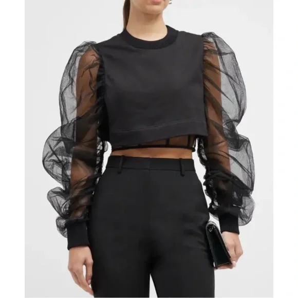 NWT ALEXANDER McQueen organic sweatshirt top tulle corset crop mesh black 40 - Picture 2 of 11